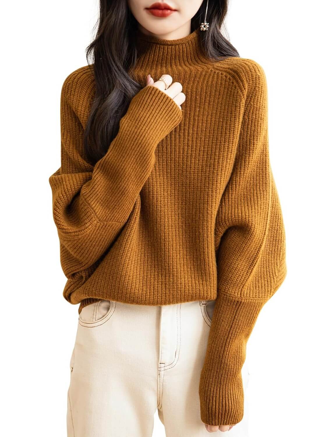 Pull surdimensionné à manches chauve-souris et col montant 100 % laine mérinos