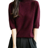 Suéter sem costura 100% lã Merino de manga curta com gola alta