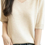 Women's V-Neck 100% Merino Wool Spring Fall Winter First-Line Ready to Wear Seamless Knit Shirt Short Sleeve Sweater