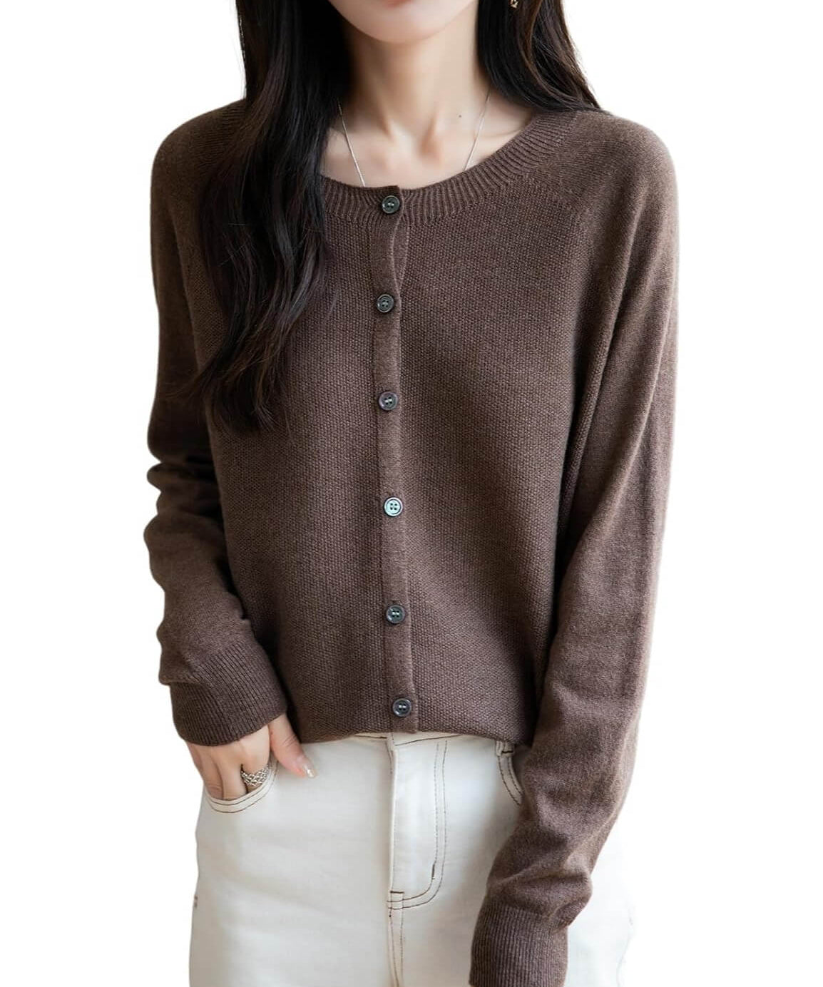 Merino Wool Blend Seamless Crewneck Cardigan