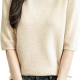 Women's 100% Merino Wool Spring Fall Winter First-Line Ready to Wear Seamless Knit Crewneck Short Sleeve Sweater