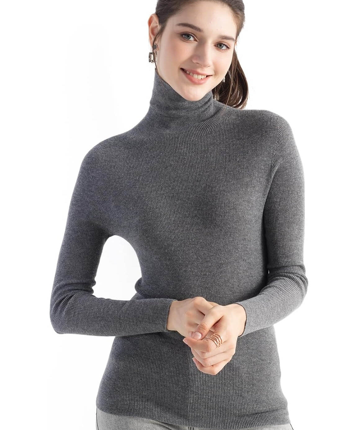 Merino Wool Blend Ribbed Turtleneck Slim Fit Sweater