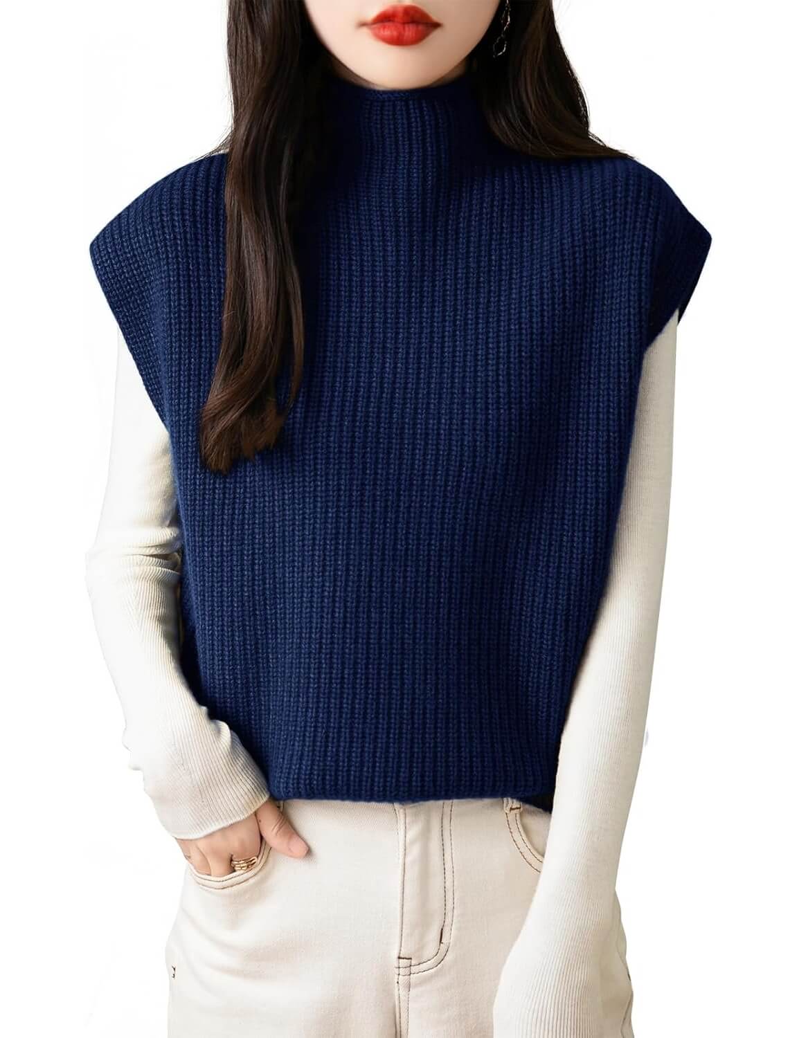 100% Merino Wool Casual Turtleneck Knit Sweater Vest