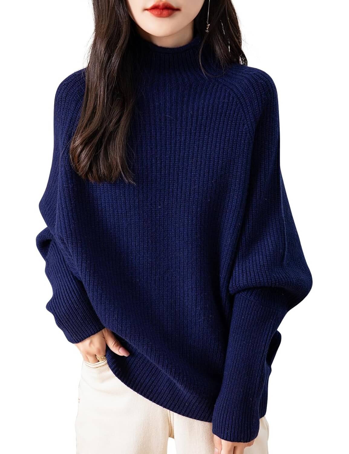 Pull surdimensionné à manches chauve-souris et col montant 100 % laine mérinos