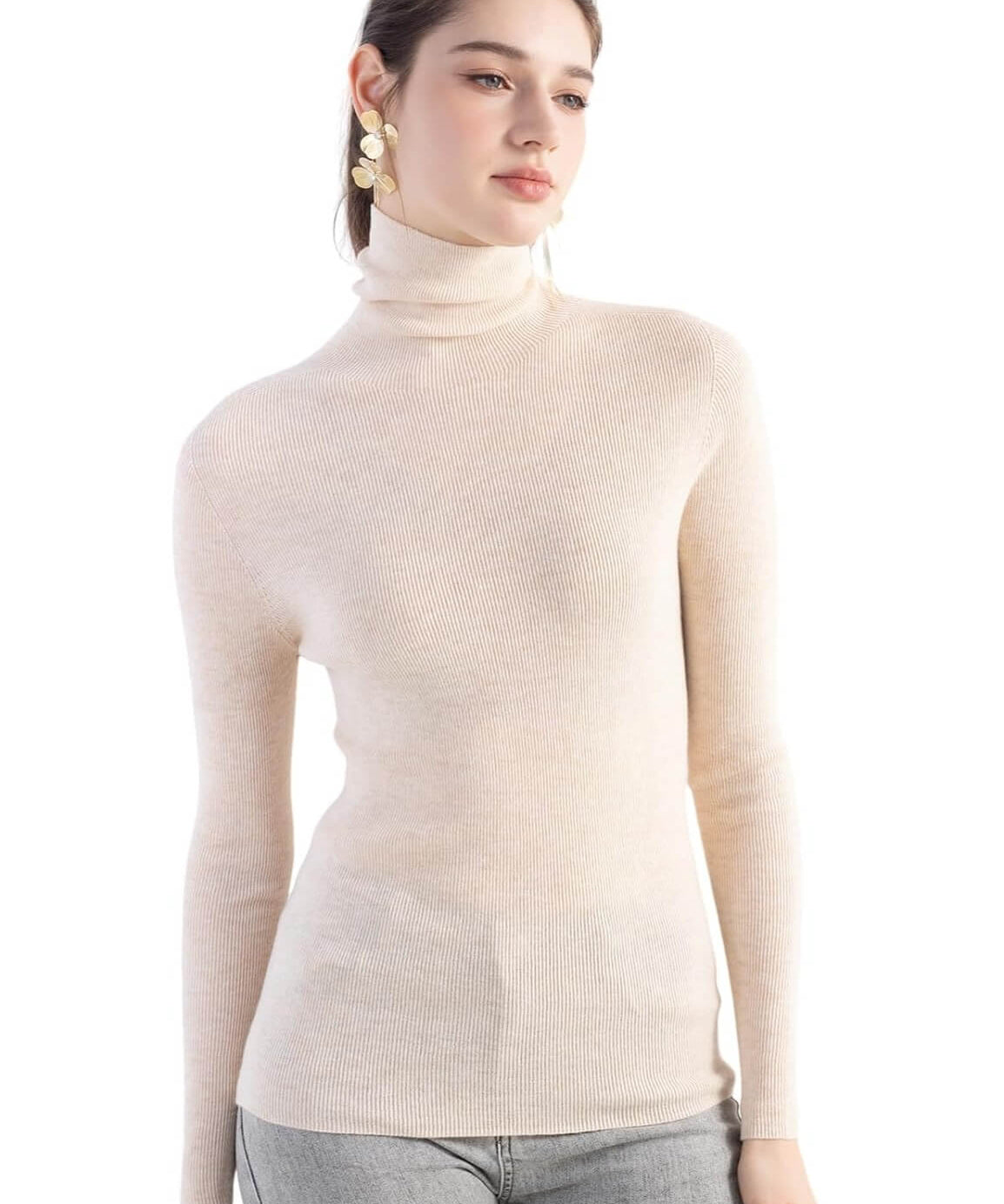 Merino Wool Blend Ribbed Turtleneck Slim Fit Sweater