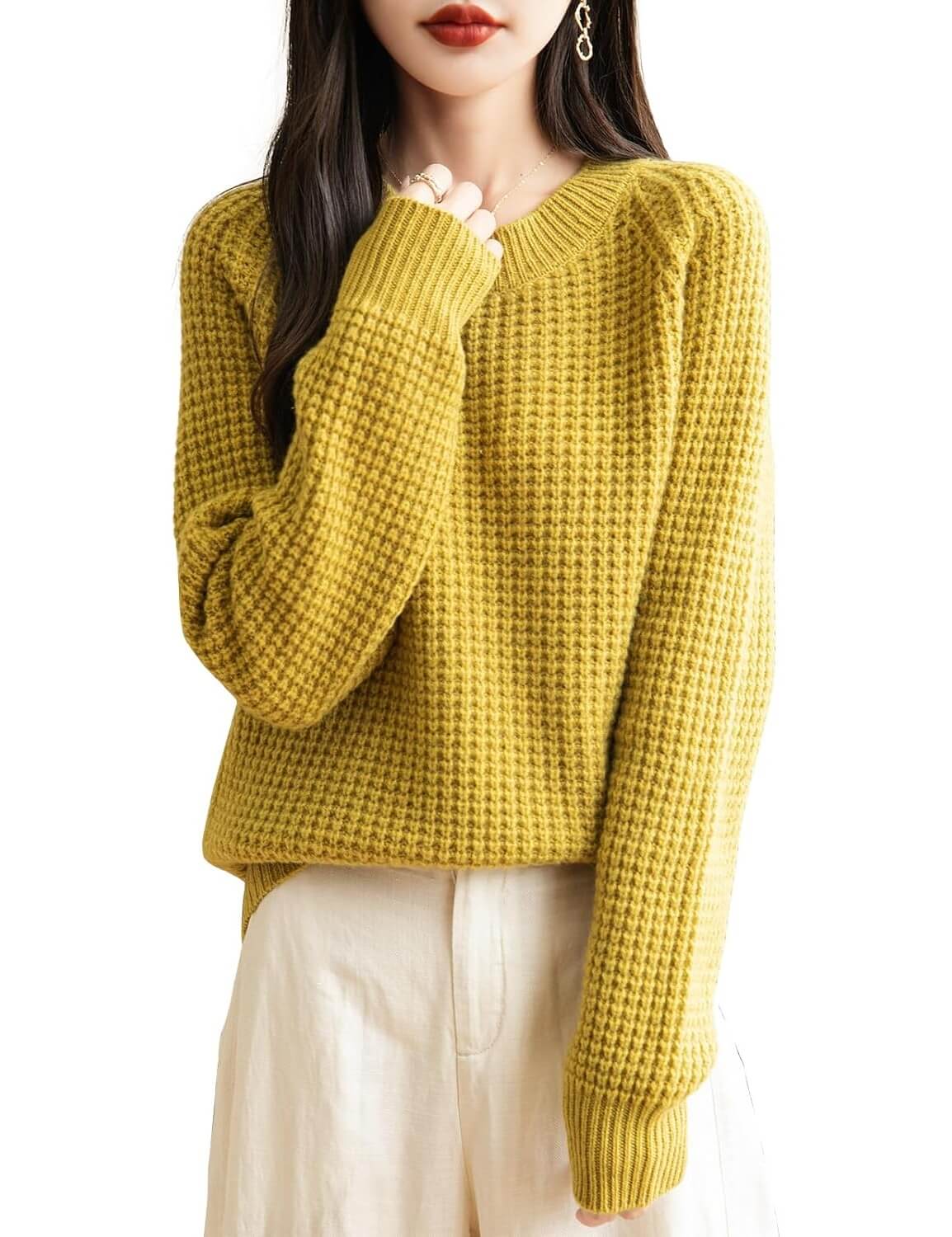 Pull à col rond en tricot gaufré 100 % laine mérinos