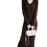 Merino Wool Blend V-Neck Ribbed Knit Long Sweater Dress