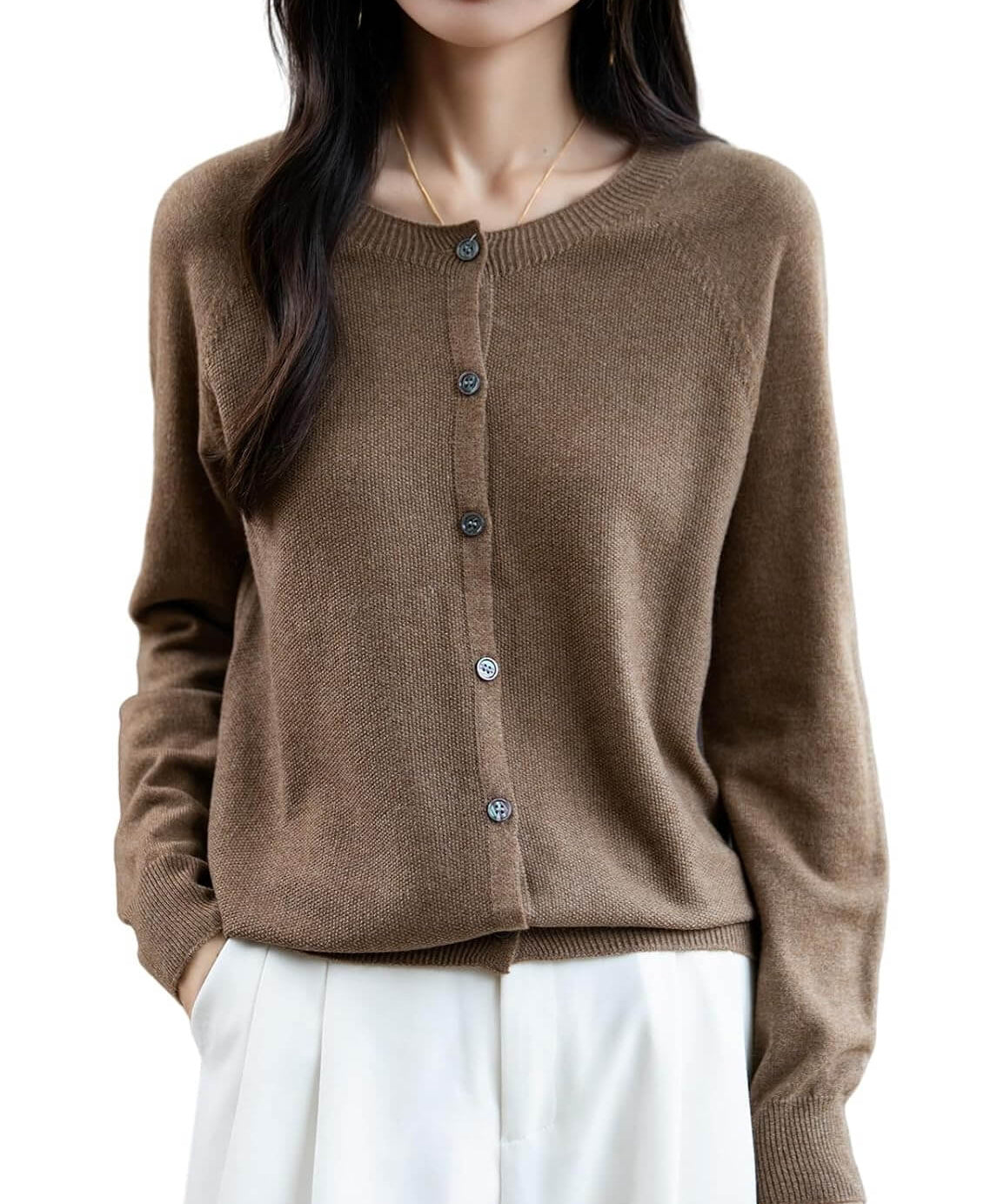 Merino Wool Blend Seamless Crewneck Cardigan