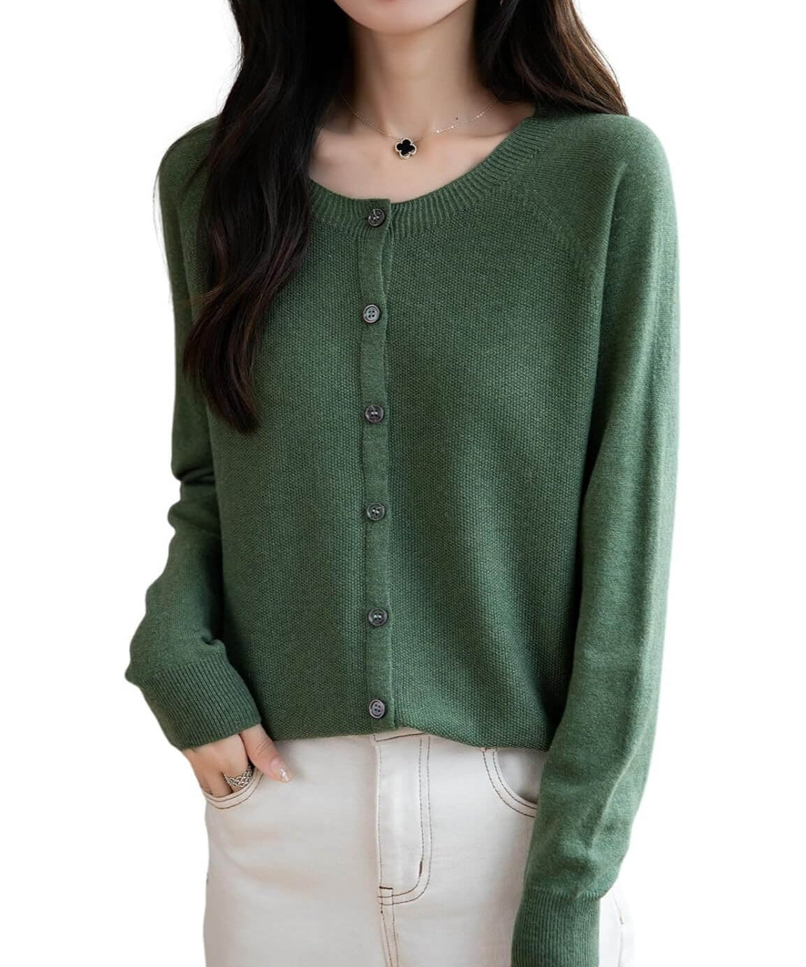 Merino Wool Blend Seamless Crewneck Cardigan