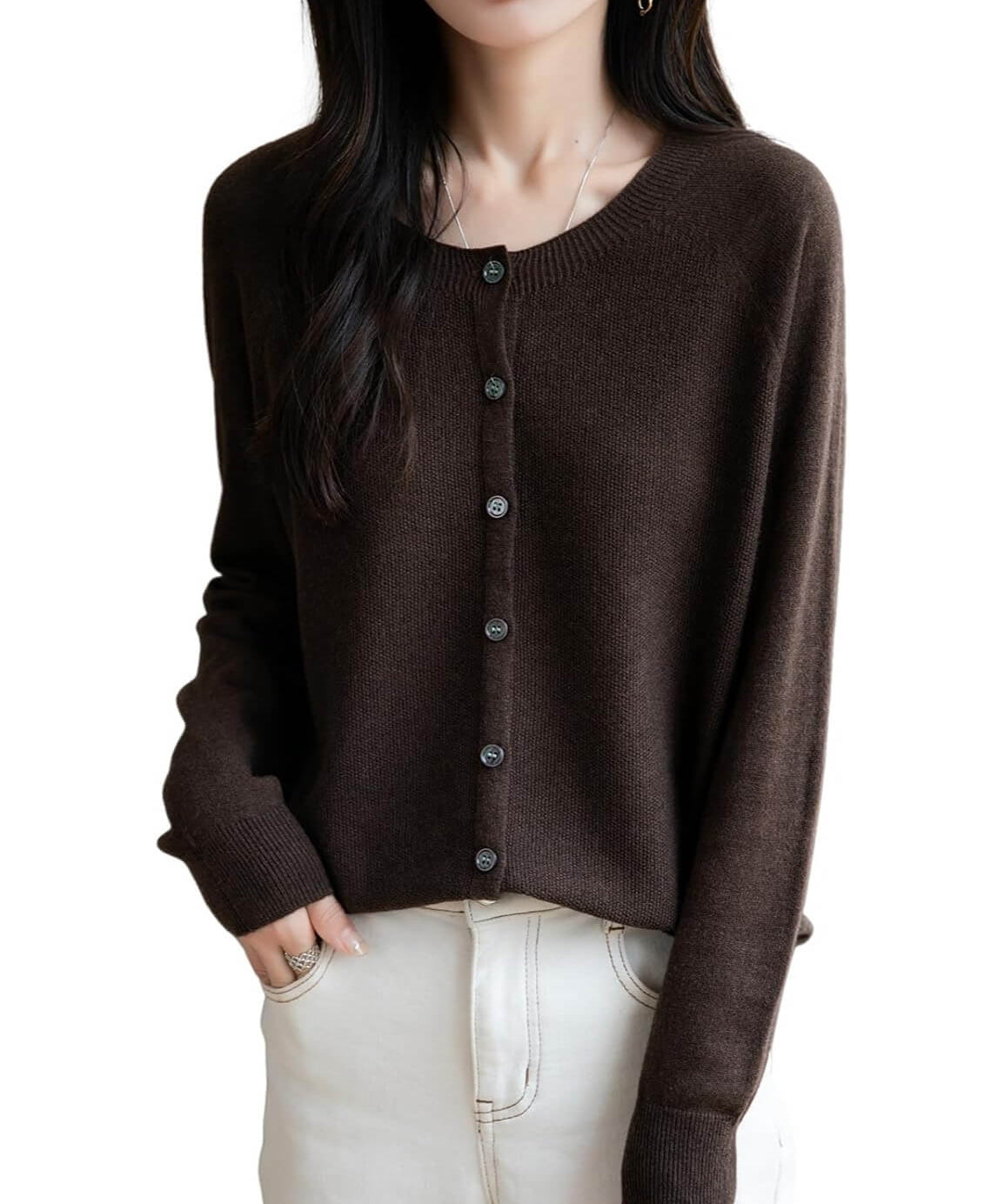 Merino Wool Blend Seamless Crewneck Cardigan