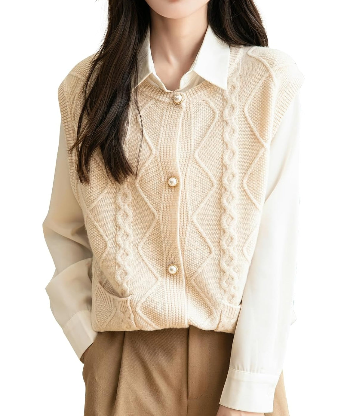 100% Merino Wool Crewneck Button Cable Knit Sweater Vest