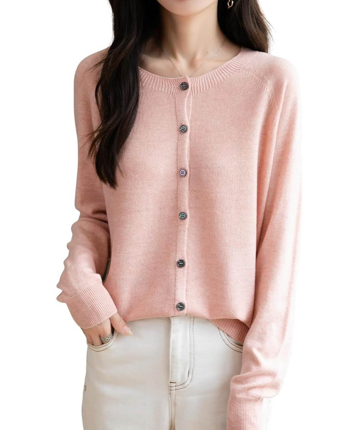 Merino Wool Blend Seamless Crewneck Cardigan