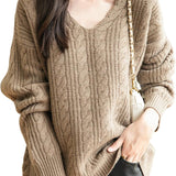 Chanyarn Women's V Neck 100% Merino Wool Oversized Sweater 2025 Fall Winter Vintage Cable Long Sleeve Knit Sweater