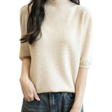 Suéter sem costura 100% lã Merino de manga curta com gola alta