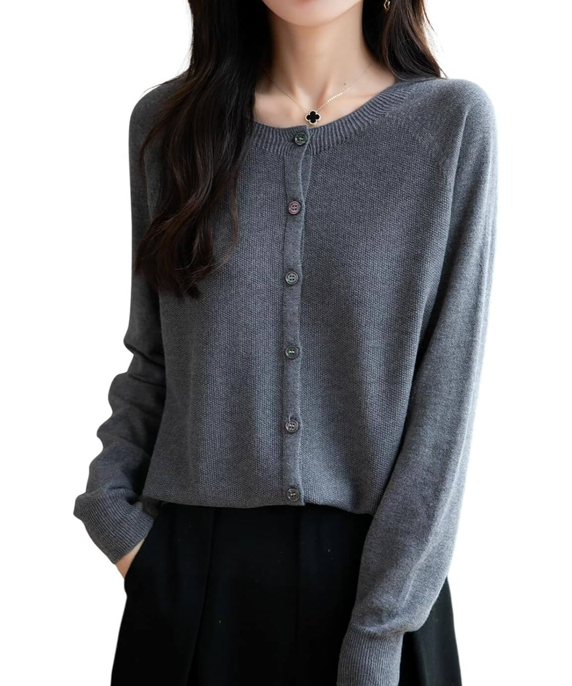 Merino Wool Blend Seamless Crewneck Cardigan