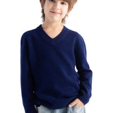 Suéter 100% lã merino sem costura para meninos e meninas com decote em V