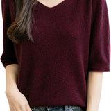 Women's V-Neck 100% Merino Wool Spring Fall Winter First-Line Ready to Wear Seamless Knit Shirt Short Sleeve Sweater