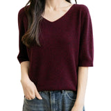 Suéter 100% lã Merino com decote em V sem costura de manga curta