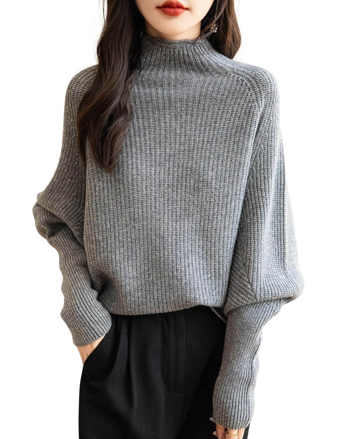 Pull surdimensionné à manches chauve-souris et col montant 100 % laine mérinos