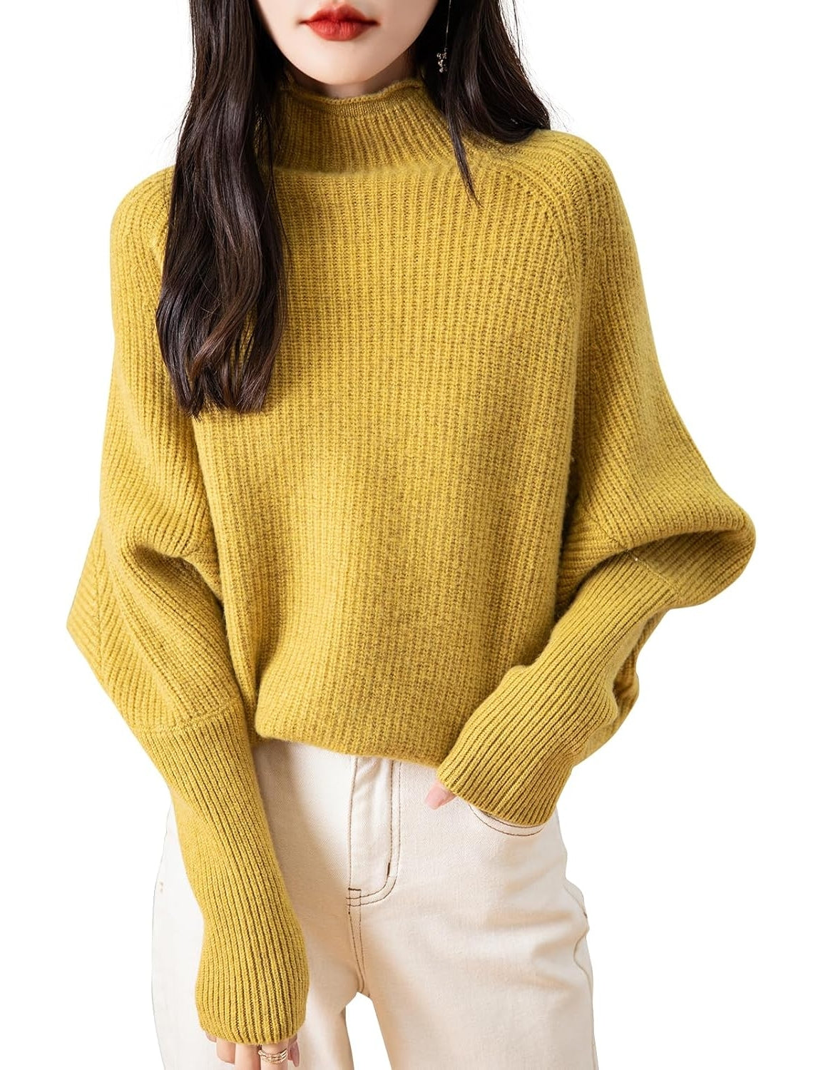 Pull surdimensionné à manches chauve-souris et col montant 100 % laine mérinos