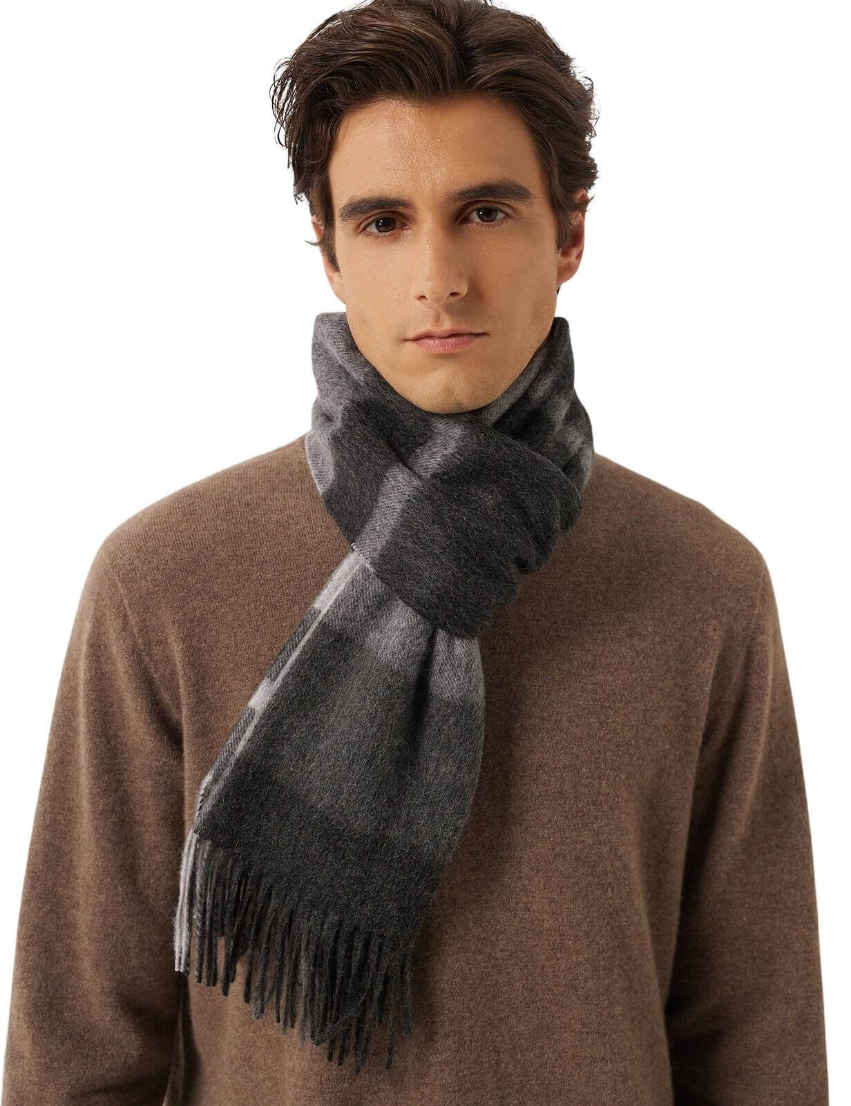 100% Cashmere Long Plaid Tassel Warm Knit Scarf