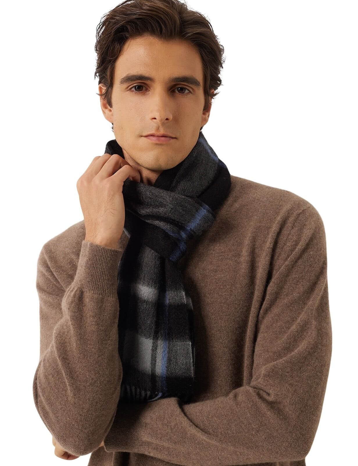 100% Cashmere Long Plaid Tassel Warm Knit Scarf