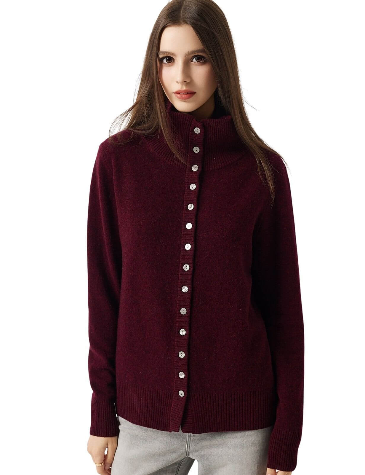 100% Merino Wool Turtleneck Knitted Cardigan