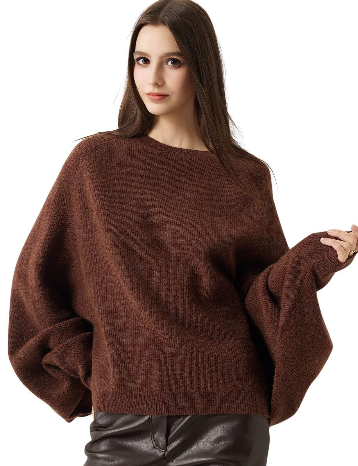 30% Cashmere 70% Merino Wool Batwing Sleeves Crew Neck Sweater