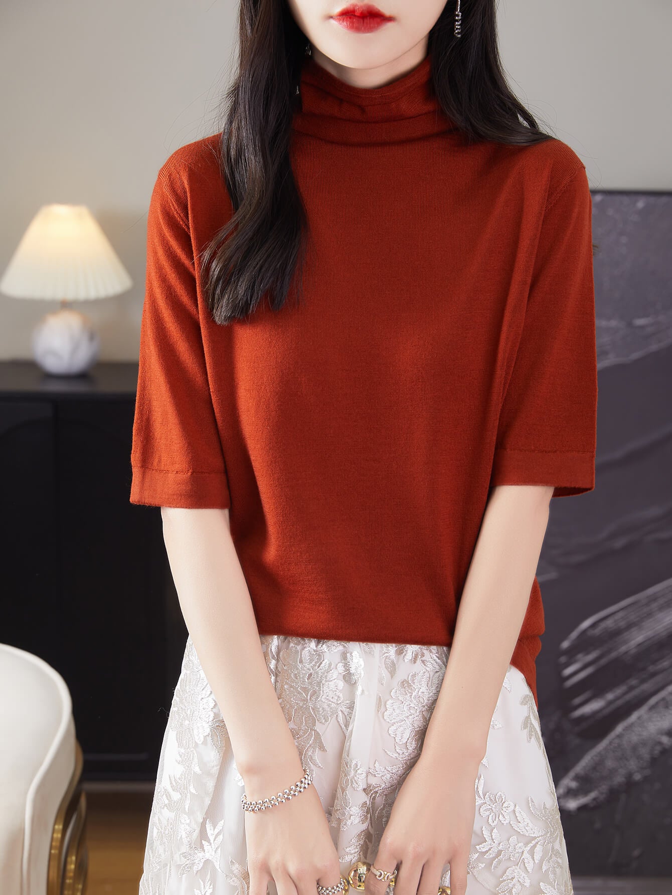 Pull t-shirt à col roulé 100 % laine mérinos