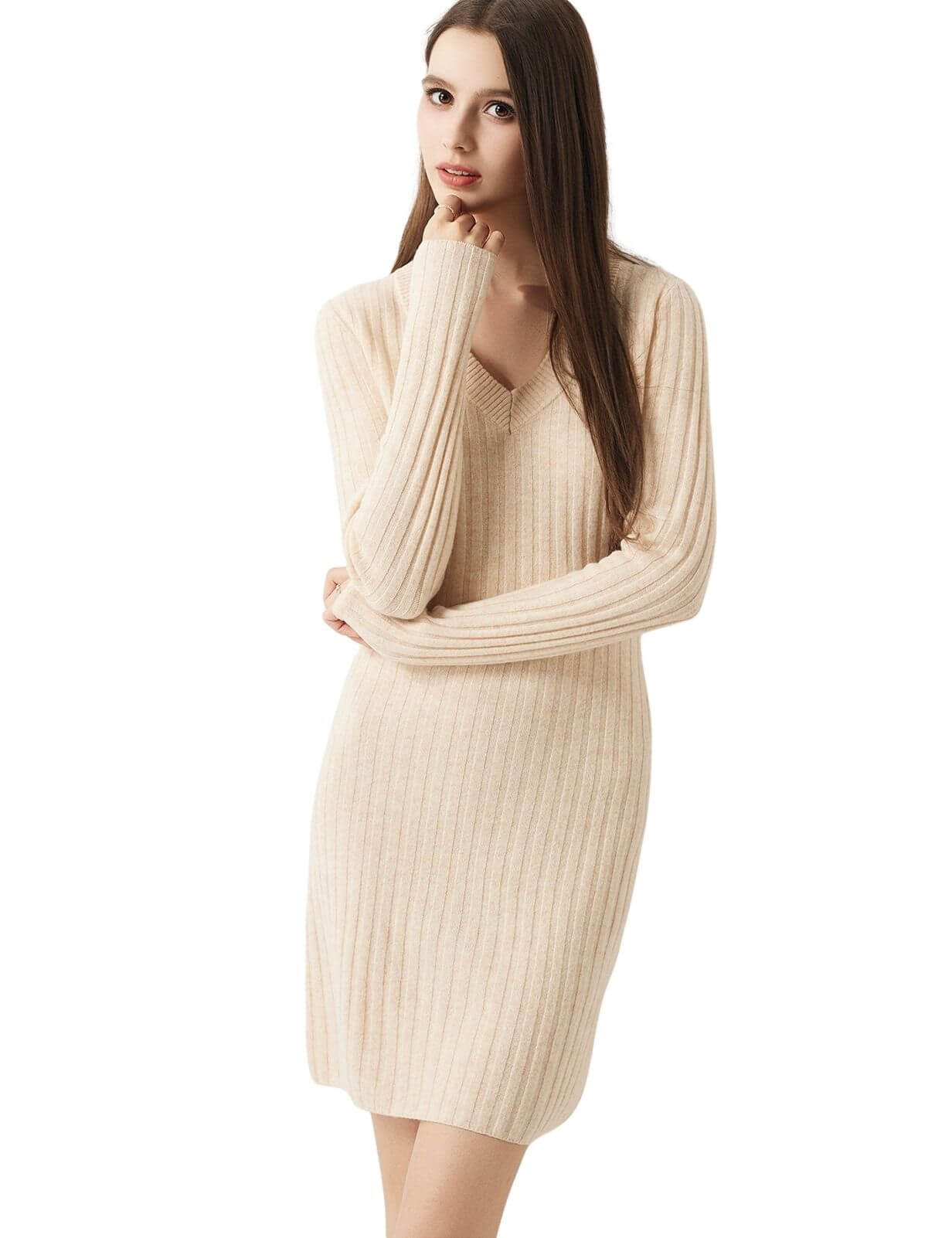 100% Merino Wool V Neck Sweater Dress