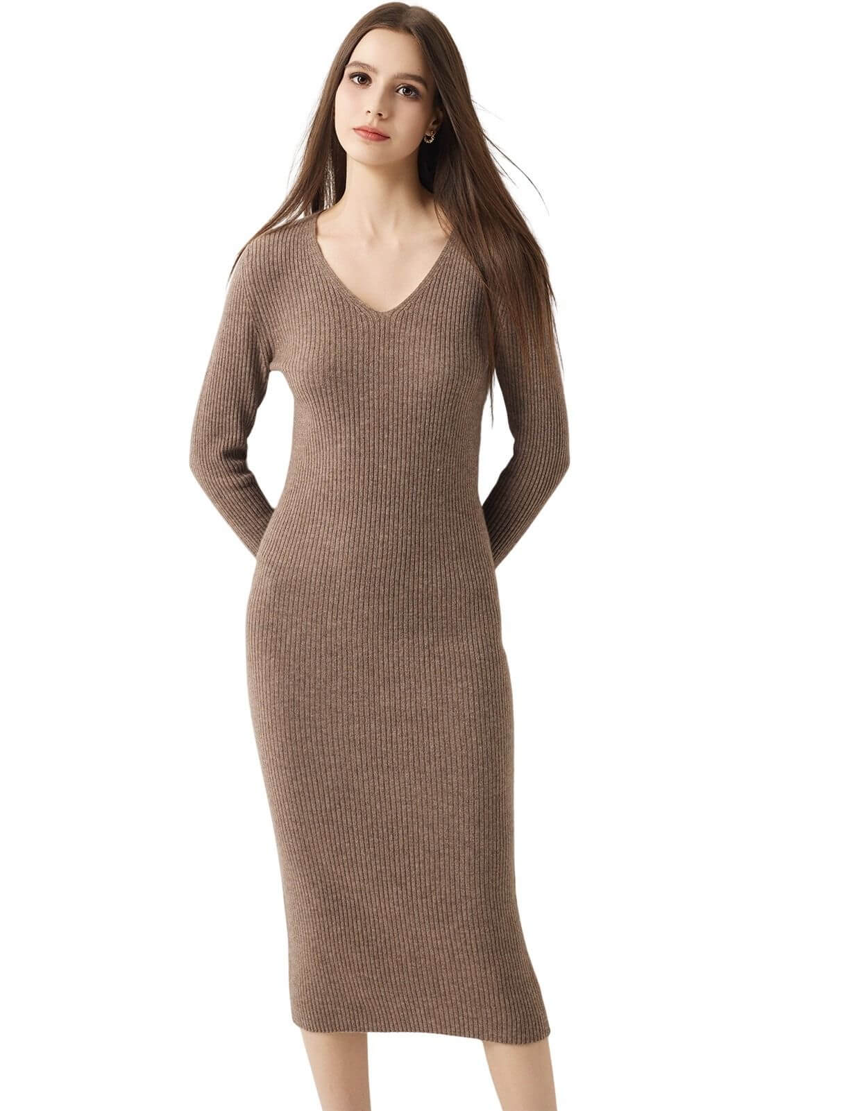 30% Cashmere 70% Merino Wool V-Neck Sweater Dress