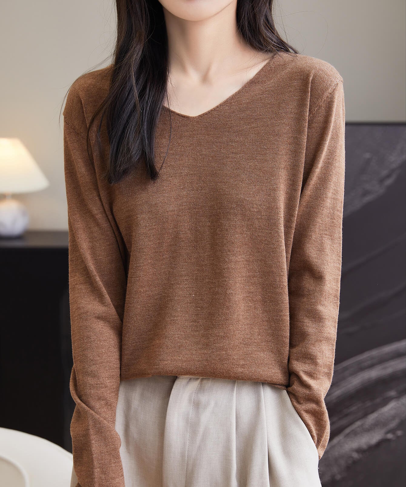 Chanyarn Women's 100% Merino Wool Base Layer Shirt Tops V Neck Long Sleeve