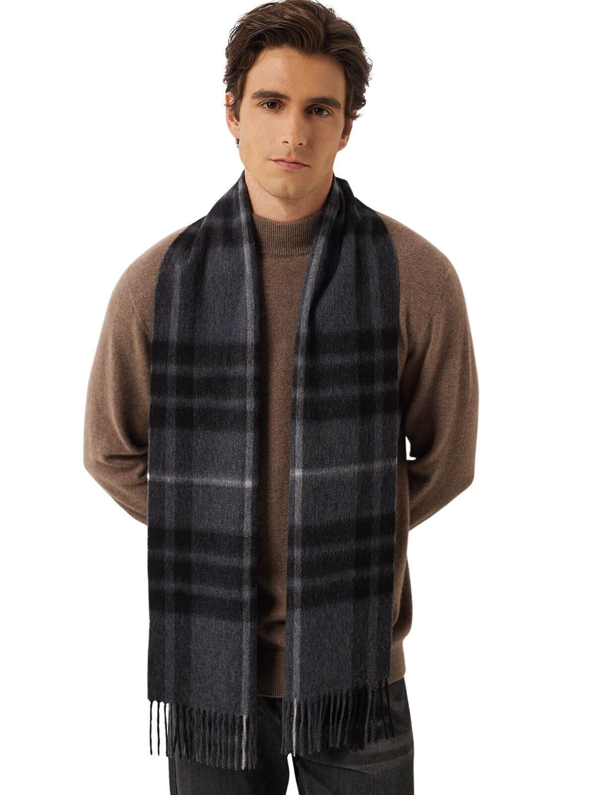 100% Cashmere Long Plaid Tassel Warm Knit Scarf