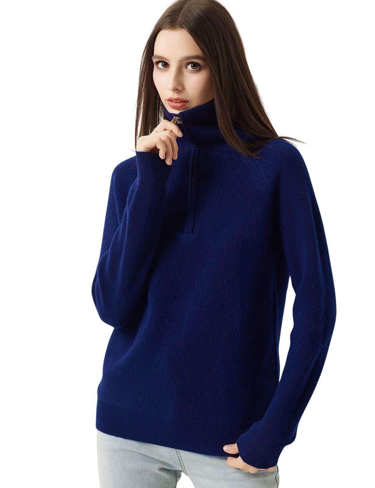 100% Merino Wool Mock Neck Zip Sweater