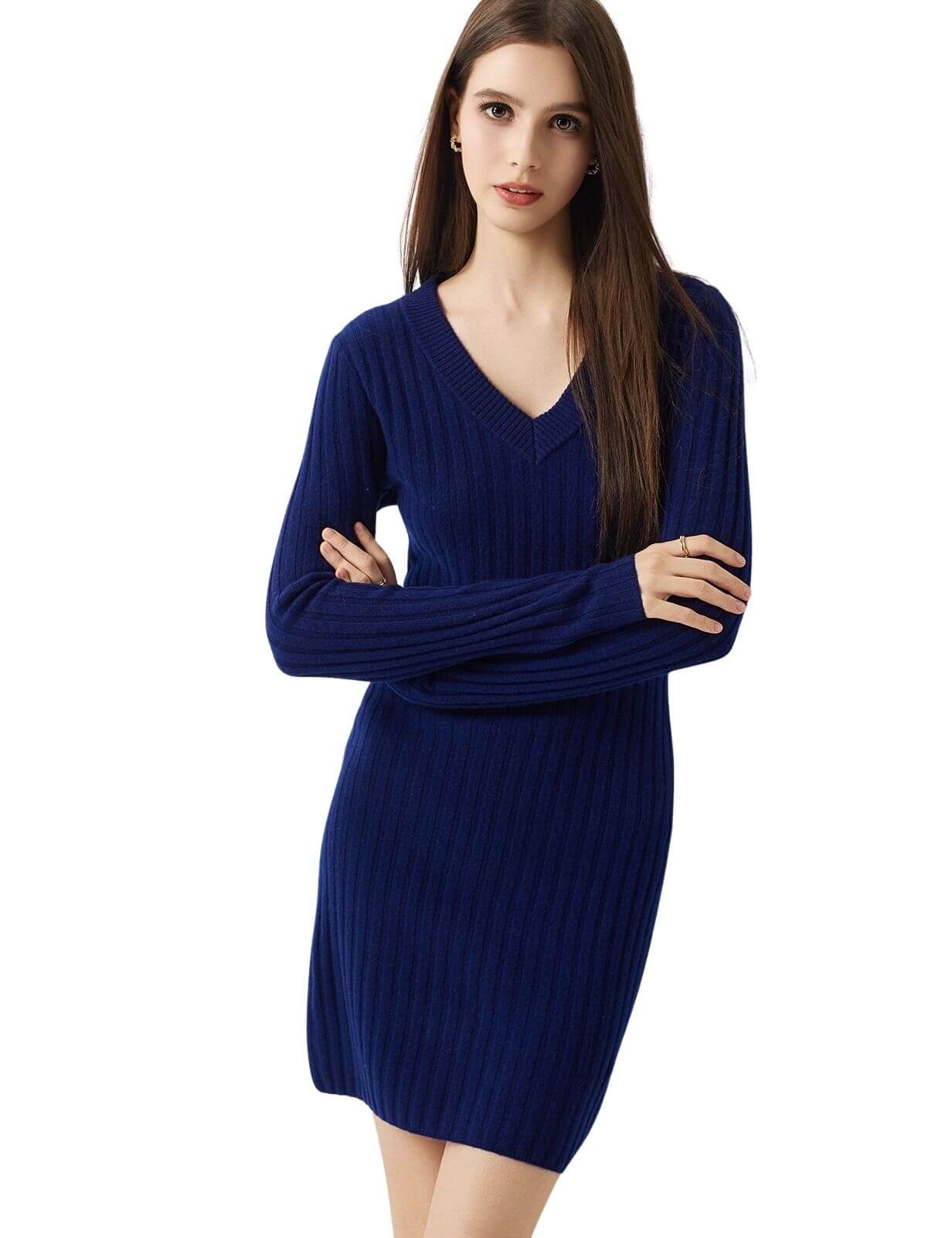 100% Merino Wool V Neck Sweater Dress