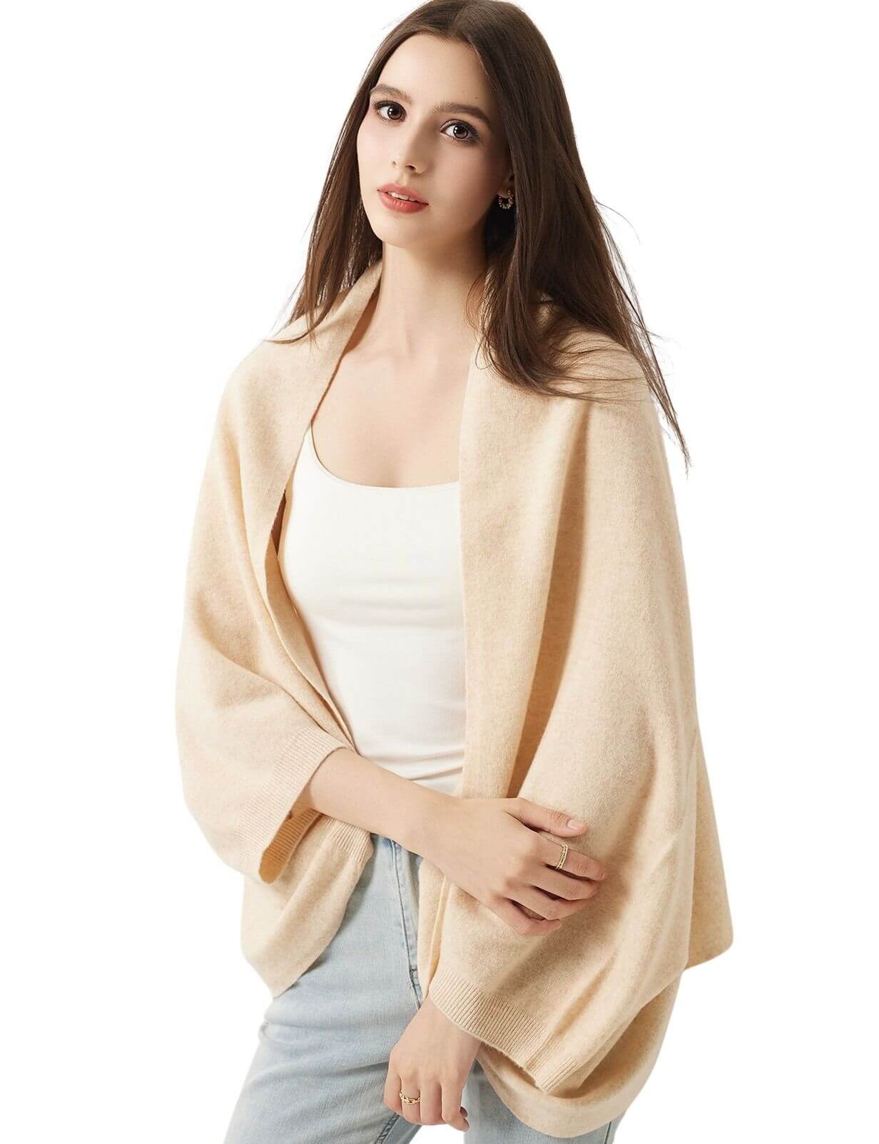 100% Merino Wool Knit Wrap Shawl with Sleeves