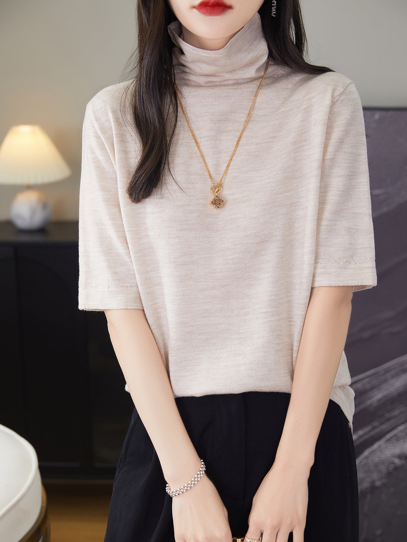 Pull t-shirt à col roulé 100 % laine mérinos