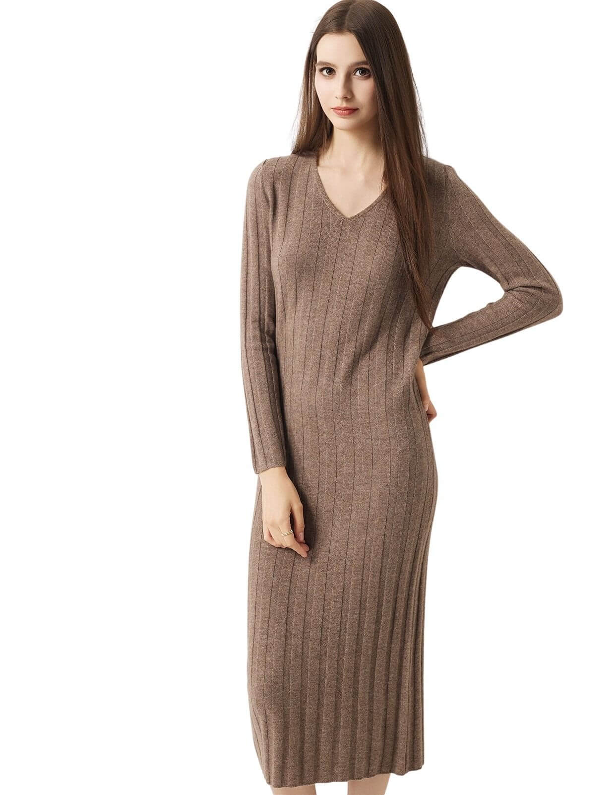 30% Cashmere 70% Merino Wool V-Neck Sweater Dress