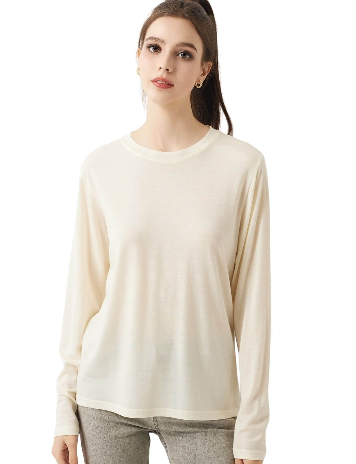 100% Merino Wool Crewneck Long Sleeve Knit Top