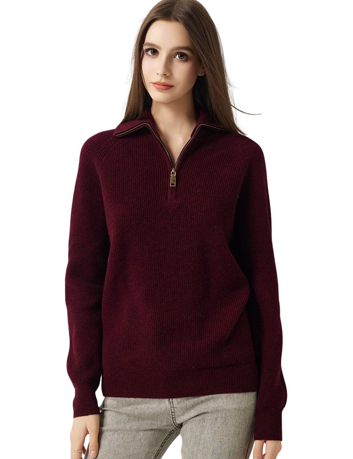 100% Merino Wool Mock Neck Zip Sweater