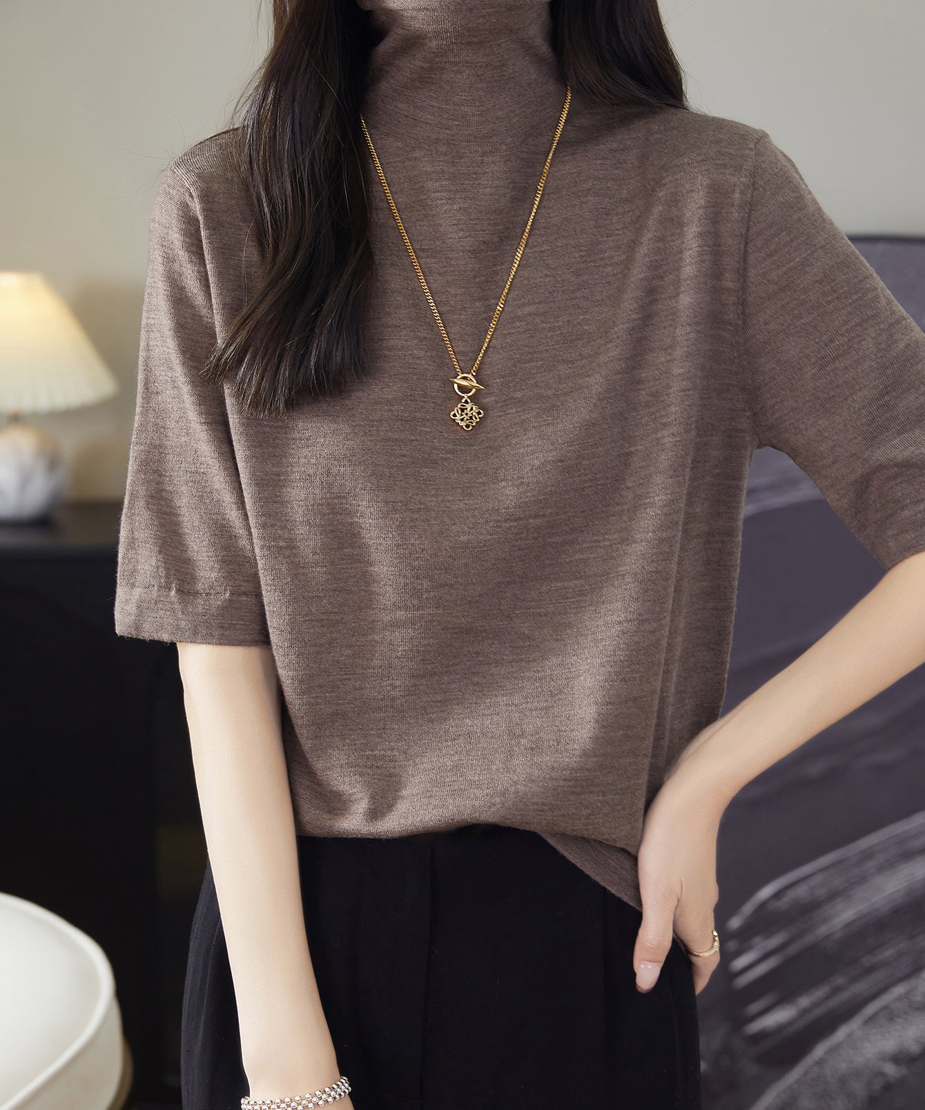 Chanyarn Women's 100% Merino Wool Base Layer Shirt Tops Turtleneck Short Sleeve Sweater