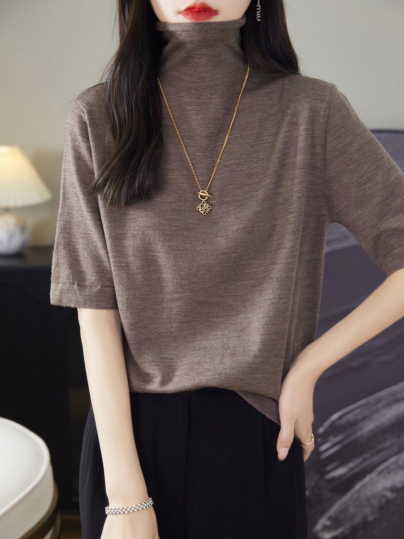 Pull t-shirt à col roulé 100 % laine mérinos