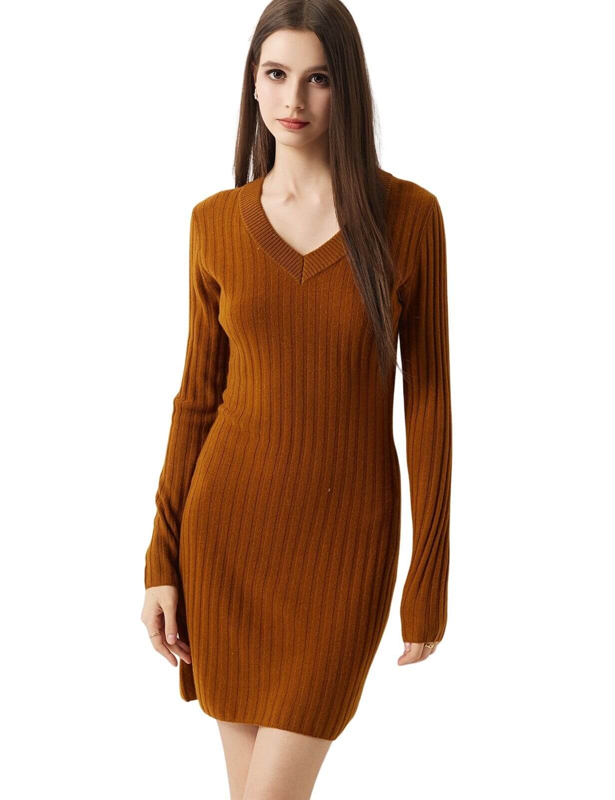 100% Merino Wool V Neck Sweater Dress