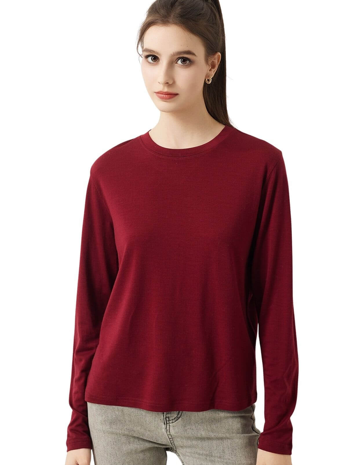 100% Merino Wool Crewneck Long Sleeve Knit Top