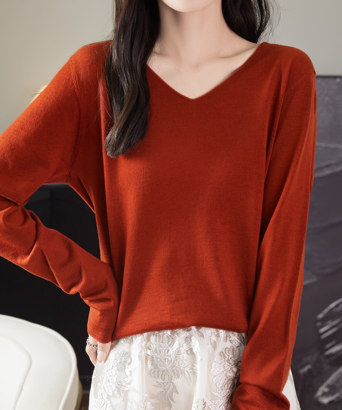 Chanyarn Women's 100% Merino Wool Base Layer Shirt Tops V Neck Long Sleeve