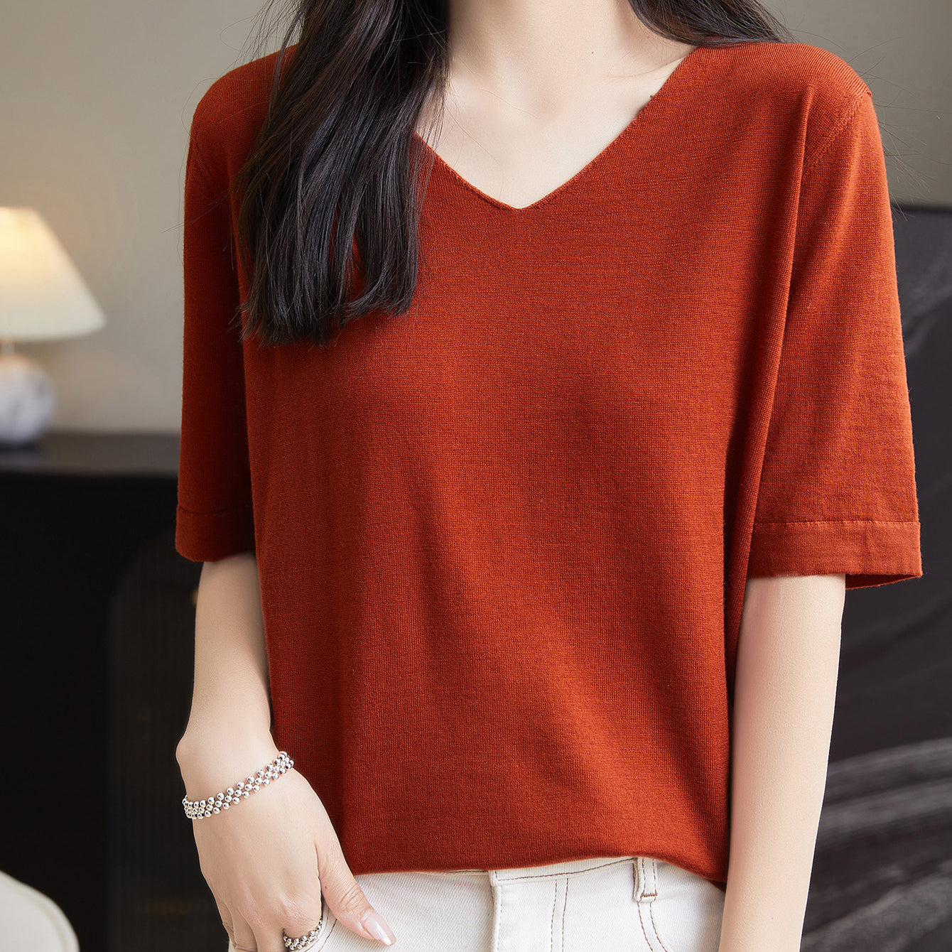Chanyarn Women's 100% Merino Wool Base Layer Shirt Tops V Neck Short Sleeve Travel Hiking Tee T Shirt Pullover Sweater