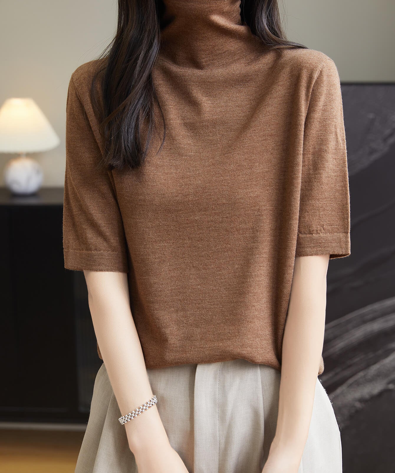 Chanyarn Women's 100% Merino Wool Base Layer Shirt Tops Turtleneck Short Sleeve Sweater