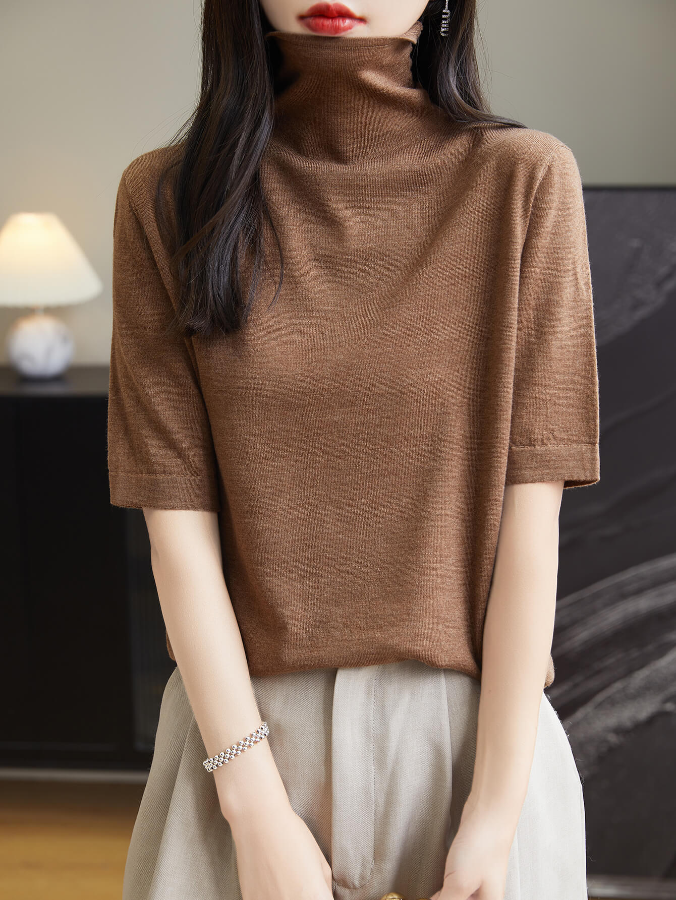 Pull t-shirt à col roulé 100 % laine mérinos