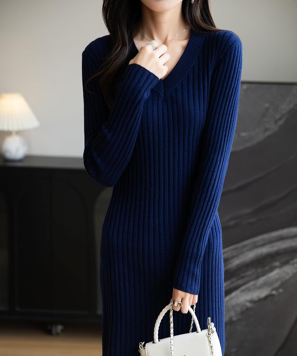 Merino Wool Blend V-Neck Ribbed Knit Sweater Dress