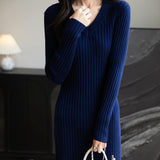 Women's Merino Wool Blend Sweater Dress Fashion 2025 Fall Winter Sexy V-Neck Slim Fit Long Sleeve Ribbed Knit Dress